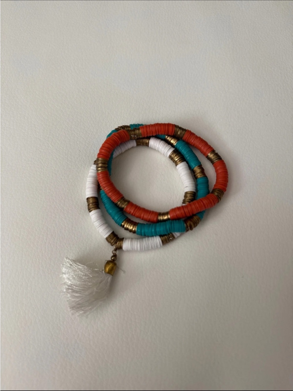 Multicolor Beaded Tassel Bracelet Stack- White, Turquoise & Coral
